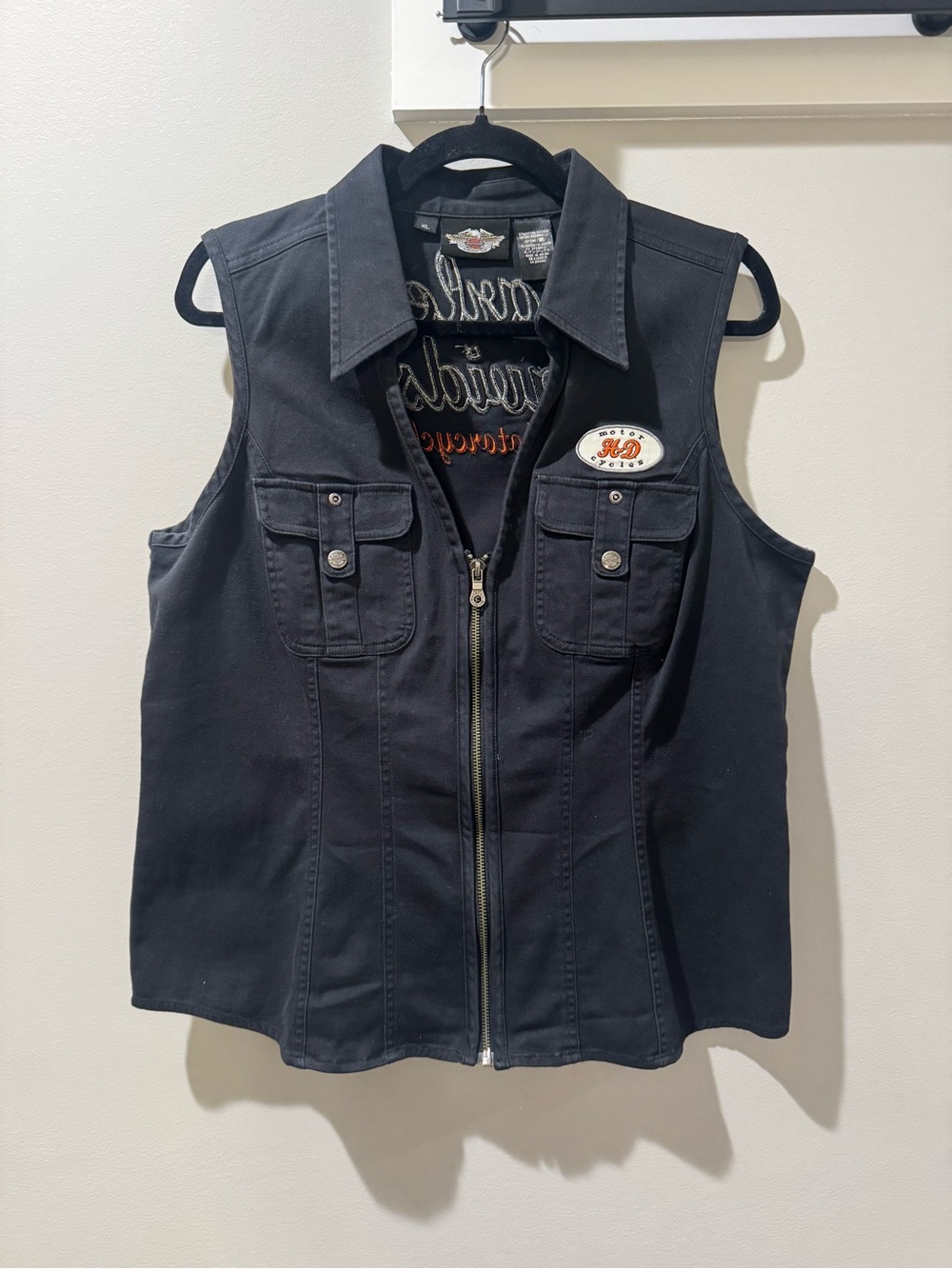 Harley-Davidson Black Twill Zip Front Embroidered Biker Vest XL